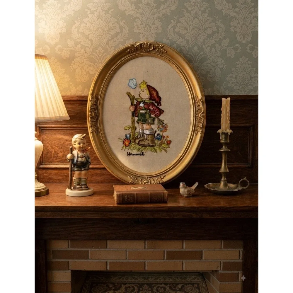 Vintage Hummel Little Hiker Needlepoint Framed Art Happy Go Lucky 13x11 Oval